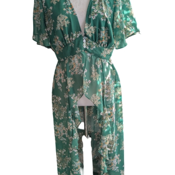 Revolve J.O.A. Floral Maxi Duster Kimono Romantic Deep V Green L - Picture 7 of 12